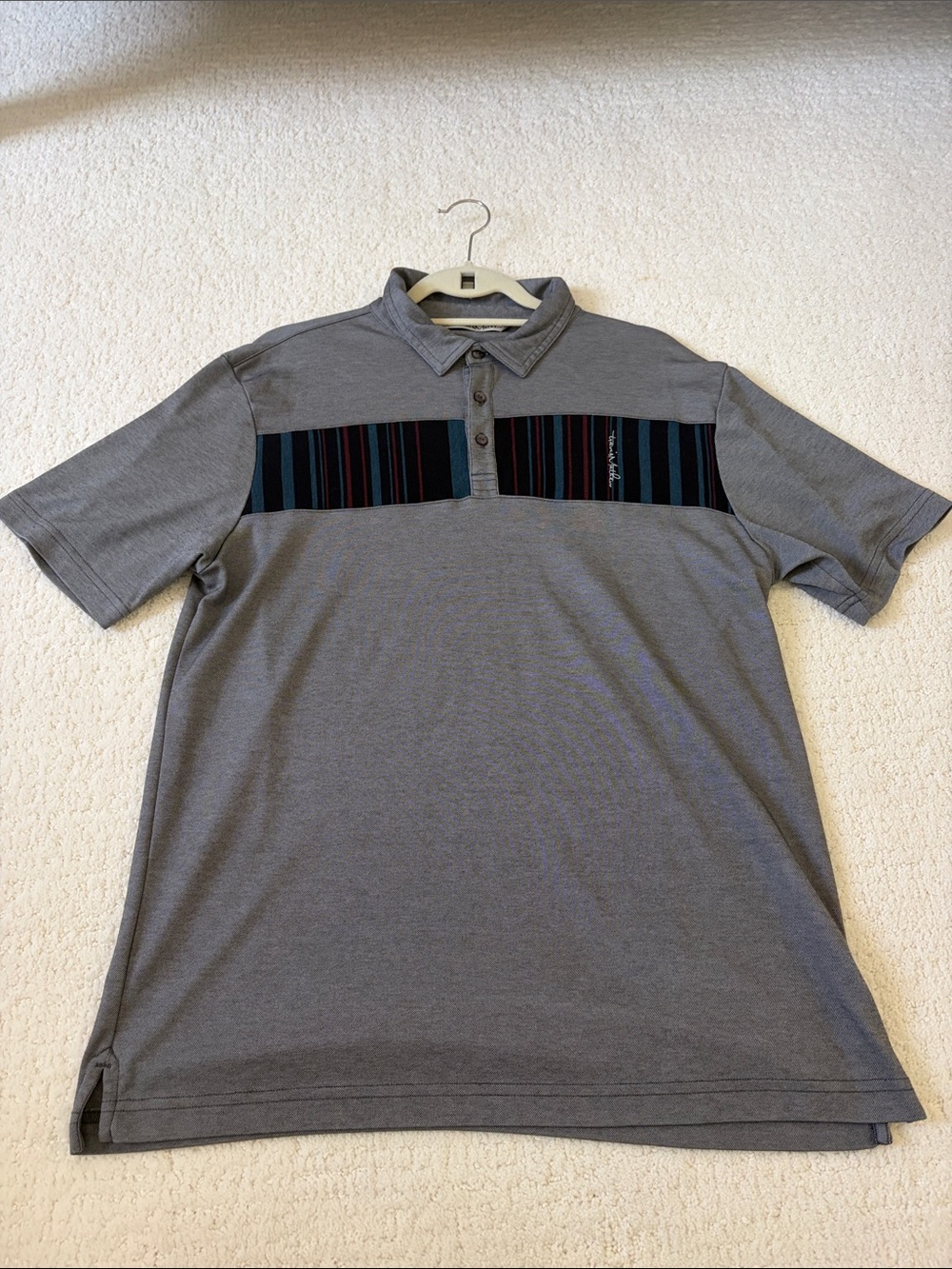 Travis Mathew Gray Polo with Navy & Multicolor Stripe Chest